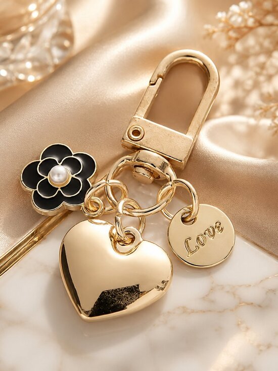 Handbag Charms Accessories - Gold Heart Bag Charm Purse Charm Keychain Flower Pearl Love Pendant